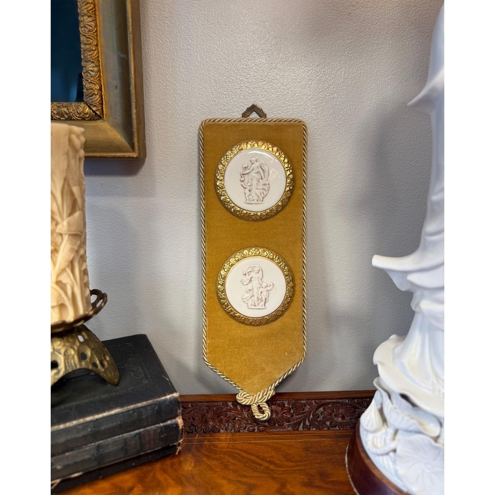 Vintage Italian Porcelain Cameo Wall Plaque • Brass Relief Velvet‎ Wall Hanging
